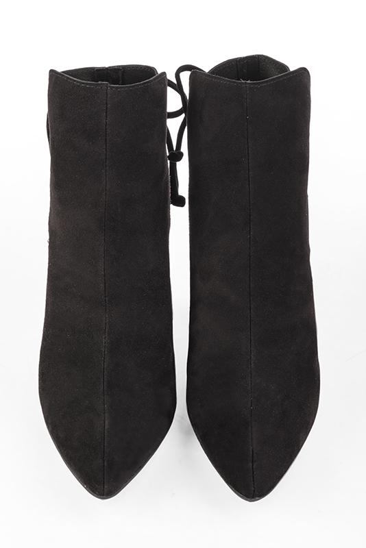 Matt black women's ankle boots with laces at the back. Tapered toe. Very high wedge heels. Top view - Florence KOOIJMAN